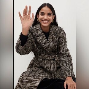 Mango Black and Cream Herringbone Trench Coat